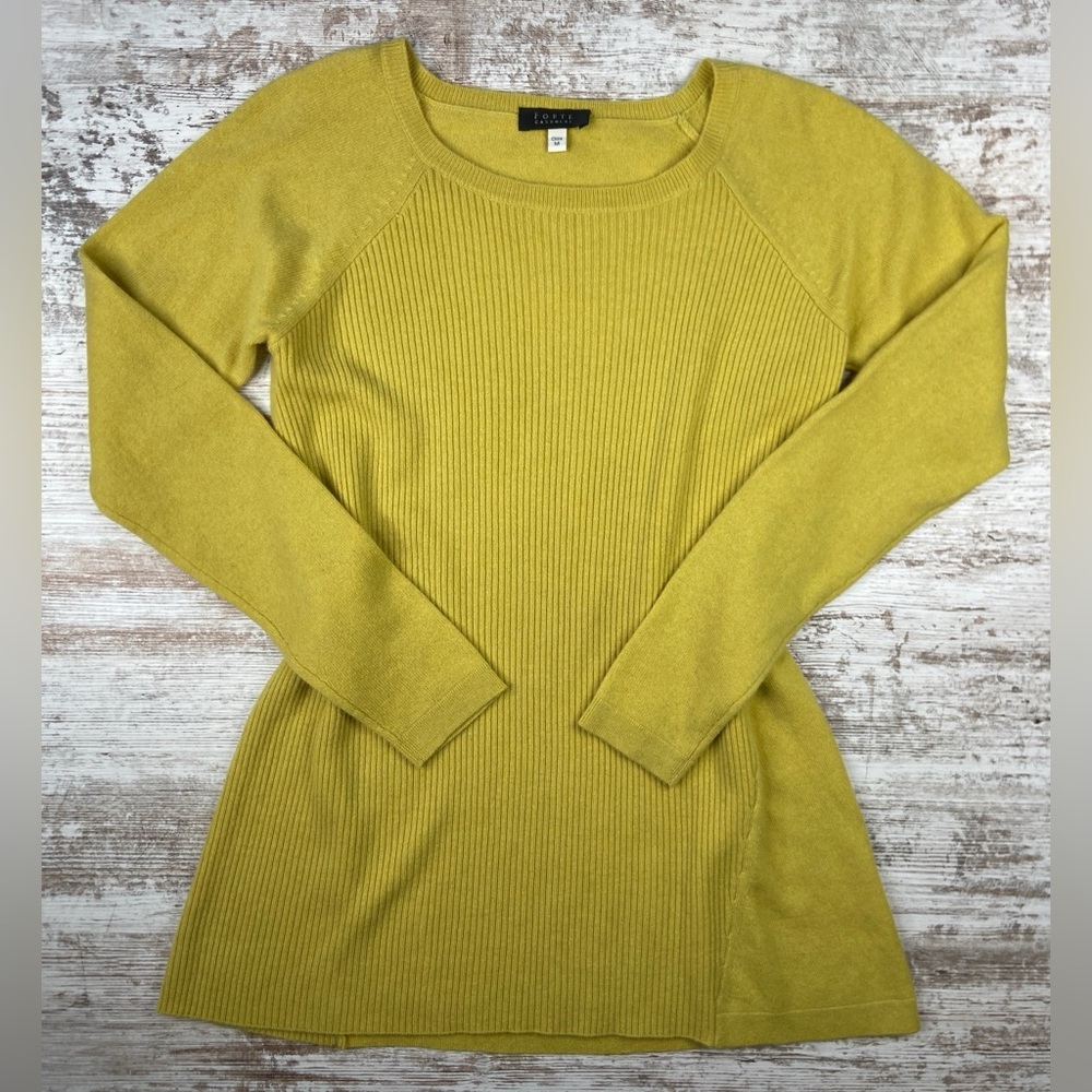 EUC Forte Cashmere Ribbed Sweater Sz Medium Chartreuse Green/Yellow SO SOFT!